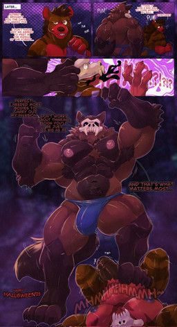 4_fingers anthro arm_hair armpit_hair balls beard belly biceps big_muscles big_pecs big_penis blue_clothing blue_topwear body_hair body_size_growth bone bone_mask bottomwear bulge butt chest_tuft clothed clothing dialogue duo erection facial_hair feet fingers foot_fetish foot_on_crotch foot_on_penis foot_play forest forest_background genital_growth genitals growth humanoid_genitalia humanoid_penis identity_death male male/male manly mask mask_transformation mind_control muscle_growth muscular muscular_anthro muscular_arms muscular_male muscular_thighs nature nature_background nipples nude nude_anthro nude_male outside pec_expansion pecs penis penis_growth personality_change piercing pink_nipples plant possession shirt size_difference size_transformation skull skull_head skull_mask solo stepping_on_another tail tank_top text thong thong_only topless topwear transformation transformation_sequence tree tuft underwear underwear_only alfredafton canid canine demon fox hyena mammal 2025 comic digital_drawing_(artwork) digital_media_(artwork) english_text hi_res sequence