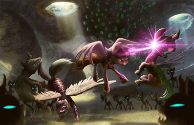 armor blood blue_eyes bodily_fluids detailed_background energy_beam fangs feathered_wings feathers female feral fight glowing glowing_eyes group hive horn inside light light_beam magic male mask purple_eyes sunbeam sunlight teeth underground wings raikoh-illust friendship_is_magic hasbro my_little_pony mythology fan_character twilight_sparkle_(mlp) arthropod changeling equid equine mammal mythological_creature mythological_equine pegasus winged_unicorn 2015 signature