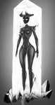 anthro black_body breasts clothing crown female flat_belly flat_stomach headgear headwear male monolith narrowed_eyes navel not_furry nude simple_background small_waist solo thin_arms thin_legs akir_archival fan_character humanoid digital_media_(artwork) hi_res monochrome