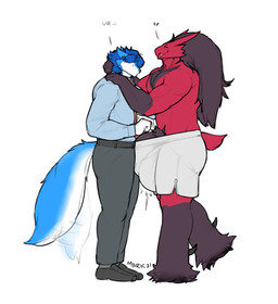 accessory anthro athletic athletic_anthro athletic_male balls barely_contained barely_contained_penis beak big_balls big_penis black_body black_feathers black_hair blue_body blue_fur blue_hair bottomwear bulge clothed clothing detailed_bulge duo feathers feet footwear fur furry_tail genital_outline genitals hair hug huge_balls huge_penis long_hair male male/male necktie pants partially_clothed penis penis_outline penis_poking_out pubes red_feather shoes short spikes spikes_(anatomy) tail tail_motion tailwag talons text toes white_body white_fur marvolk nintendo pokemon mark_(marvolk) avian bird blaziken canid canine generation_3_pokemon mammal pokemon_(species) 2021 english_text hi_res signature