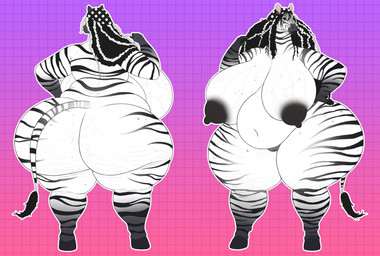 anthro big_breasts big_butt black_body black_hair black_lips black_stripes breasts brown_eyes butt curvy_figure female front_view genitals gradient_arms gradient_legs hair hand_on_hip highlights_(coloring) hooves huge_breasts huge_butt huge_thighs lips long_hair looking_at_viewer mature_anthro mature_female navel nipples nude rear_view smile solo standing stretch_marks stripes tail thick_lips thick_thighs vein veiny_breasts voluptuous vulva white_body white_highlights vintagart amara_(noeticred) equid equine mammal zebra full-length_portrait hi_res model_sheet portrait