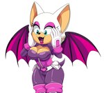 anthro bat_wings belt bodysuit breasts cleavage clothed clothing eyeshadow fangs female fur green_eyes heart_eyes heart_symbol lipstick makeup membrane_(anatomy) membranous_wings open_mouth simple_background skinsuit solo tan_body tan_skin teeth tight_clothing tongue white_background white_body white_fur wings scittykitty sega sonic_the_hedgehog_(series) rouge_the_bat bat mammal 2020 hi_res