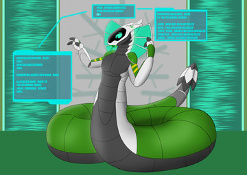 anthro apode claws forked_tongue frill_(anatomy) implied_transformation legless machine male serpentine solo synthetic text text_box tongue spaceg3n crypto_(spaceg3n) draconcopode naga reptile robot scalie snake synth_(vader-san) absurd_res hi_res
