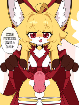 animal_genitalia animal_penis asian_clothing balls bedroom_eyes blush bodily_fluids bottomwear canine_genitalia canine_penis clothed clothing clothing_lift collar crossgender dripping east_asian_clothing erection flashing flashing_penis fluffy fluffy_tail ftg_crossgender fti_crossgender fur genital_fluids genitals gynomorph intersex japanese_clothing knot knotted_penis legwear long_tail looking_at_viewer miko_outfit narrowed_eyes open_mouth oral_request panties panties_down partially_clothed penis precum precum_drip precum_on_penis presenting presenting_penis red_eyes requesting seductive sex_request sheath simple_background skirt skirt_lift solo speech_bubble stockings tail text underwear underwear_down upskirt yellow_body yellow_fur km-15 lumen_(km-15) canid canine fox mammal 3:4 english_text hi_res female_(lore)