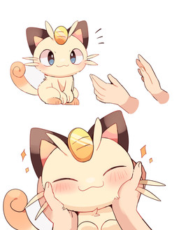 :3 ambiguous_gender big_eyes blue_eyes blush blush_lines brown_markings chest_tuft chibi coin curled_tail disembodied_hand duo eyes_closed feral front_view fur holding_face markings quadruped simple_background sitting solo_focus sparkles tail tan_body tan_fur tuft whiskers white_background yupo_0322 nintendo pokemon felid feline generation_1_pokemon mammal meowth pokemon_(species) absurd_res hi_res shaded