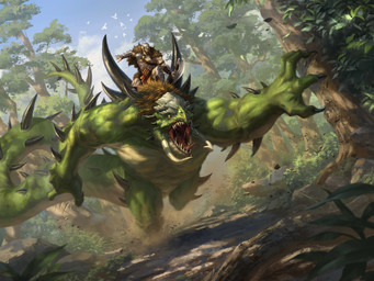 anthro armor bodily_fluids detailed_background duo dutch_angle forest green_body headgear helmet long_tail male muscular muscular_male open_mouth plant riding running saliva sharp_teeth size_difference tail teeth tree lie_setiawan hasbro magic:_the_gathering wizards_of_the_coast garruk_wildspeaker ambient_bird dinosaur human mammal prehistoric_species reptile scalie hi_res official_art