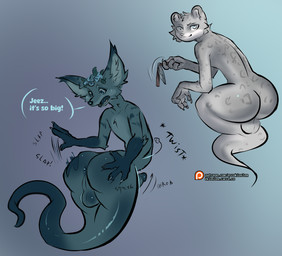 anthro anus balls blue_eyes duo genitals ghost_tail holding_object holding_weapon humanoid_genitalia humanoid_penis looking_at_viewer looking_down male penis simple_background weapon errokioslem blizzard_entertainment warcraft canid felid mammal pantherine snow_leopard vulpera hi_res