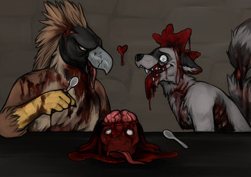 5_fingers anthro beak blood blood_drip blood_from_mouth blood_in_mouth blood_on_arm blood_on_chest blood_on_face blood_on_hand blood_on_mouth blood_on_neck bodily_fluids brain death decapitation dripping exposed_brain feathers fingers fur gore group heart_symbol interspecies male male_death open_mouth organs rib_cage simple_background snuff teeth tongue tongue_out torakuta furx_(character) pirate_eagle accipitrid accipitriform avian bird eagle lizard mammal philippine_eagle procyonid raccoon reptile scalie undead zombie alternate_version_at_source digital_media_(artwork) hi_res