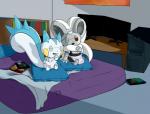 ambiguous_gender bed book clothing computer cushion duo electronics furniture machine maid_uniform one_eye_closed uniform kawma nintendo pokemon cinccino generation_4_pokemon generation_5_pokemon pachirisu pokemon_(species) robot hi_res