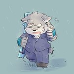 arm_guards chibi clothing eyebrows fur grey_body grey_fur male raining running scar school_uniform thick_eyebrows uniform igarashi_ta lifewonders tokyo_afterschool_summoners moritaka_(tas) canid canine canis domestic_dog mammal 1:1 hi_res
