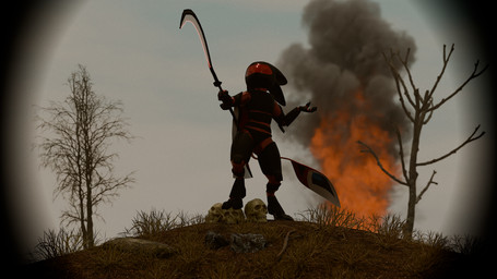 3_fingers 4_ears ambiguous_gender anthro armor bladed_weapon bone cape clothing dead_tree digitigrade dirt exoskeleton exosuit explosion fingers fire flag_cape grass headgear helmet human_skull long_tail melee_weapon multi_ear plant polearm scythe skull smoke solo tail tree visor weapon the_architect_of_order the_founder avali 16:9 3d_(artwork) 4k absurd_res digital_media_(artwork) hi_res huge_filesize widescreen female_(lore)