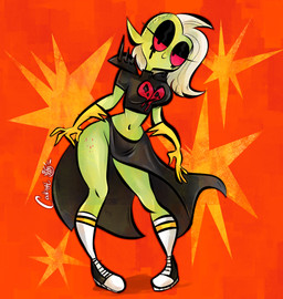 4_fingers bottomwear breasts clothed clothing eyelashes female fingers footwear freckled_face freckled_legs freckled_thighs freckles glistening_eyelids gloves green_body green_skin hair half-closed_eyes handwear humanoid_pointy_ears long_eyelashes long_hair midriff narrowed_eyes navel noseless not_furry pink_sclera pointy_ears shoes smile socks solo standing topwear white_hair wide_hips catinyt disney wander_over_yonder lord_dominator alien alien_humanoid humanoid absurd_res hi_res signature