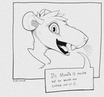 ambiguous_gender anthro buckteeth dialogue eyelashes hair open_mouth short_hair simple_background solo speech_bubble teeth text tongue whiskers gompami mammal murid murine rat rodent digital_media_(artwork) english_text headshot_portrait hi_res monochrome portrait