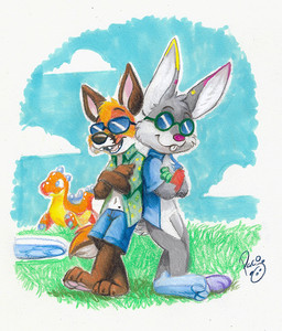 anthro blue_bottomwear blue_clothing blue_shorts blue_sky blue_topwear bottomwear brown_body brown_fur closed_smile clothed clothing cloud crossed_arms crossed_legs day dipstick_ears duo ear_markings eyewear fangs featureless_crotch fur grass green_clothing green_topwear grey_body grey_fur logo male mouth_closed multicolored_ears obscured_eyes open_clothing open_mouth open_smile open_topwear orange_body orange_fur outside plant shorts sky smile standing sunglasses teeth topwear white_body white_fur young young_anthro young_male pandapaco canid canine fox lagomorph leporid mammal rabbit artist_logo signature