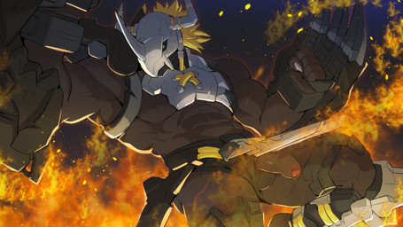 5_fingers abs anthro armor balls biceps biped body_armor claws clothed clothing damaged_armor damaged_clothing fingers fire flaccid foreskin genitals hair headgear helmet humanoid_genitalia humanoid_penis male muscular muscular_anthro muscular_male nipples partially_retracted_foreskin pecs penis red_hair scar solo wardrobe_malfunction weapon yellow_body sollyz bandai_namco digimon blackwargreymon digimon_(species) 16:9 2020 widescreen