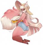 anthro big_breasts breasts butt claws clothed clothing eyewear feet female footwear glasses hair hat headgear headwear hindpaw huge_breasts long_hair looking_at_viewer paws sandals shoes simple_background smile solo sunglasses text thick_thighs toe_claws toes white_background yellow_eyes cherrikissu loyse canid canine fennec_fox fox mammal true_fox 2018 digital_media_(artwork) hi_res