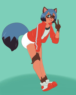anthro bent_over black_highlights blue_eyes blue_hair clean_diaper clothed clothing diaper dipstick_tail facial_markings female flat_chested footwear gesture gloves_(marking) green_background hair hand_gesture hand_on_leg head_markings highlights_(coloring) jacket leg_markings looking_at_viewer markings mask_(marking) one_eye_closed one_fang open_mouth open_smile pantsless shirt shoes short_hair simple_background smile sneakers socks_(marking) solo tail tail_markings three-quarter_view topwear v_sign wearing_diaper white_diaper wink winking_at_viewer xchiseaxmargaritax brand_new_animal studio_trigger michiru_kagemori canid canine mammal raccoon_dog tanuki 2021 4:5 digital_media_(artwork) full-length_portrait hi_res portrait
