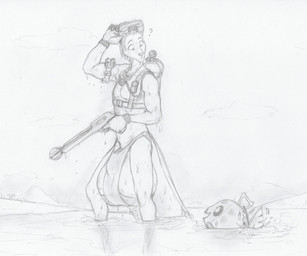 admiring air_tank ambiguous_gender anthro anthro_focus balls barely_contained big_balls big_bulge big_penis biped bulge clothed clothing cloud diving_gear diving_mask duo eyewear feet feral fur genitals goggles harpoon_gun huge_balls huge_bulge hyper hyper_balls hyper_genitalia looking_at_another looking_back male male_focus mask mostly_nude_male mountain partially_submerged penis pokeball pressure_gauge question_mark simple_background smile smiling_at_another solo_focus standing swimming_goggles tail wet wet_body blackfox85 nintendo pokemon gin gin_(blackfox85) canid canine canis feebas fox generation_3_pokemon mammal pokemon_(species) graphite_(artwork) hi_res monochrome traditional_media_(artwork)