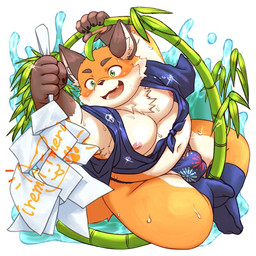 anthro asian_clothing bamboo belly blush bodily_fluids clothed clothing east_asian_clothing footwear fundoshi fur green_eyes japanese_clothing kemono male moobs navel nipples orange_body orange_fur pantsless simple_background socks solo sweat tail underwear iremi tamacolle iyo_(tamacolle) canid canine fox mammal 1:1 watermark