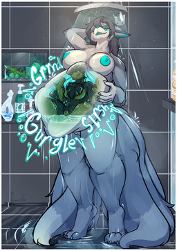abdominal_bulge anthro bathing bodily_fluids border duo female male male/female nude rumbling_stomach shower showering size_difference stomach_acid vore white_border loopachino loop_(loopachino) canid canine canis domestic_dog fox fox_spirit mammal absurd_res hi_res