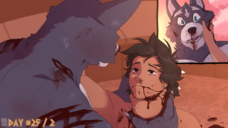 amphitheater black_hair black_nose blood blue_eyes bodily_fluids brown_eyes duo dying facial_hair fur grey_body grey_fur hair hand_on_face hand_on_neck male nosebleed piercing sunset tears teeth tragedy wounded soradezwolfox adastra adastra_(series) echo_project amicus_(adastra) marco_(adastra) canid canine canis human mammal wolf 2024 hi_res