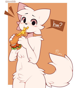anthro black_eyebrows black_eyes black_nose blush blush_lines bodily_fluids border brown_background burger cheek_tuft cheese chest_tuft crotch_tuft dairy_products dialogue eating eating_food eyebrows facial_tuft featureless_crotch fluffy fluffy_tail food food_in_mouth fur head_tuft holding_burger holding_food holding_object looking_at_viewer male navel nude simple_background solo speech_bubble standing sweat tail text tuft white_border zarckets silly_cat_(mauzymice) domestic_cat felid feline felis mammal 2025 artist_name dated signature