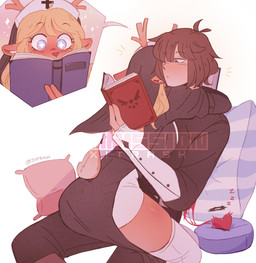 anthro antlers aroused blonde_hair blue_eyes blush blush_lines book brown_body brown_fur brown_hair clothing duo excited eyelashes female fur hair holding_book holding_object horn hug hugging_another human_on_anthro interspecies legwear long_eyelashes long_hair male male/female nun nun_habit nun_outfit on_lap pale_skin pillow pivoted_ears priest reading reading_book red_nose religious_clothing religious_symbol scut_tail short_hair short_tail sitting_on_another sitting_on_lap sparkles sparkling_eyes tail jxitrash deltarune undertale_(series) kris_dreemurr noelle_holiday cervine deer human mammal new_world_deer reindeer soul_(undertale) 2022 hi_res signature