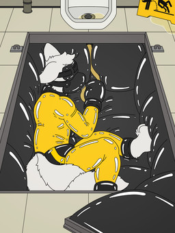 anthro athletic athletic_anthro athletic_male athletic_sub biped black_latex blindfold bodily_fluids clothing drinking drinking_urine fur genital_fluids latex latex_clothing latex_skinsuit male mitten_hands muzzle_(object) muzzled padded_walls skinsuit solo submissive submissive_anthro submissive_male tight_clothing urinal urine urine_in_mouth watersports white_body white_fur yellow_latex makootter canid canine fox mammal hi_res story_at_source