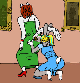 anthro anus barefoot blonde_hair blue_clothing blue_dress blue_footwear blue_hair blue_high_heels blush bracelet clothing crouching dress duo eating_feces feces feces_in_mouth feet female female_pooping footwear fur furgonomic_dress furgonomics gloves_(marking) green_clothing green_dress grey_body grey_fur hair high_heels jewelry kneeling leg_markings long_ears long_hair markings open_mouth orange_hair painting_(object) pooping pooping_in_mouth raised_tail red_bracelet red_clothing red_footwear red_high_heels scatplay scut_tail shoes short_tail socks_(marking) tail tongue tongue_out white_body white_fur snickle chloe_(snickle) felid feline lagomorph leporid mammal rabbit gynomorph_(lore)