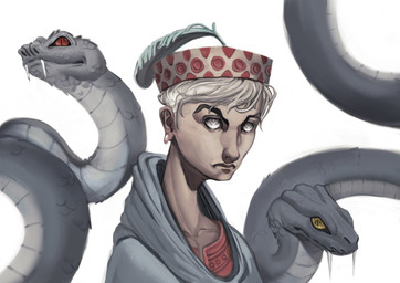 ambiguous_feral ambiguous_gender big_fangs clothed clothing fangs female female_human feral grey_body grey_clothing grey_scales grey_topwear group hair hat headgear headwear mouth_closed pupils red_eyes scales short_hair simple_background slit_pupils teeth topwear trio white_background white_body white_hair white_scales yellow_eyes edvardiko human mammal reptile scalie snake absurd_res hi_res