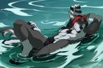 4_toes 5_fingers anthro claws day detailed_background feet fingers green_eyes hair male outside partially_submerged red_hair smile solo toes kaerufrog canid canine canis domestic_dog mammal 2022 digital_media_(artwork)