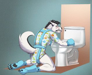 abdl abstract_background ageplay ankle_cuffs anthro bdsm biped black_hair black_nose blue_clothing blue_handwear blue_mittens blush booties clothed clothing cuff_(restraint) embarrassed feces fur hair handwear harness hollow_plug imminent_pooping imminent_soiling infantilism kneeling male mittens onesie pooping raised_tail restraints roleplay sharp_teeth simple_background soiling solo tail teeth toilet white_body white_fur wrist_cuffs syeenyeen hroar canid canine canis domestic_dog husky mammal nordic_sled_dog spitz 2022 digital_media_(artwork)