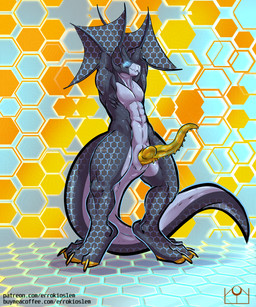 abs abstract_background animal_genitalia anthro arms_above_head arms_behind bodily_fluids genital_fluids genital_slit genitals hexagon_background hexagons looking_at_viewer male penis precum raised_arms solo text three-quarter_view errokioslem capcom monster_hunter flying_wyvern nargacuga 5:6 full-length_portrait hi_res portrait url