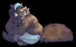 ambiguous_gender anthro blue_hair brown_body brown_fur clothed clothing fluffy fur green_eyes hair simple_background solo topless savannah_horrocks canid canine mammal raccoon_dog tanuki 2016