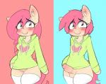 animal_genitalia animal_penis anthro blush bottomless butterscotch_(hoodie) clothed clothing equid equine erection fan_character female footwear genitals hasbro heart_symbol hi_res hoodie hoodie_(artist) horse legwear male mammal my_little_pony penis pony pussy socks solo sweater topwear