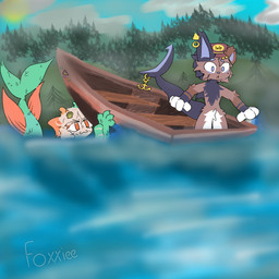 anthro boat brown_body brown_fur chest_tuft clothing ear_piercing evil_grin fish_tail foggy_background forest forest_background fur furgonomic_piercing furgonomics hair hat headgear headwear lake male male/male nature nature_background piercing plant seashell shell shocked smile stickers_on_object sun tail tail_piercing text tree tuft vehicle water watercraft foxxiee tachyon aquatic canid canine fish humanoid hybrid mammal shark 1:1 absurd_res artist_name colored hi_res signature