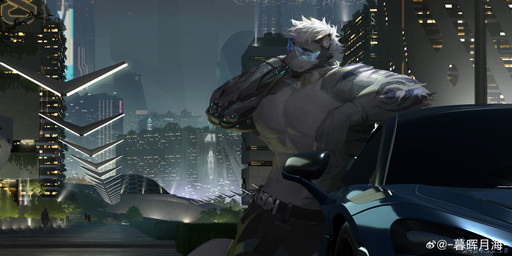 anthro biped blue_eyes blue_markings building car clothed clothing eyewear fur futuristic glasses grey_body grey_fur group hair looking_at_viewer male markings mouth_closed muscular muscular_anthro muscular_male navel night pecs pink_nose short_hair solo_focus standing topless vehicle white_body white_fur white_hair awaldkize felid mammal absurd_res hi_res