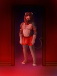 anthro belly blush clothed clothing hair male pecs red_light solo tattoo underwear underwear_only chase_shinien nekuro felid feline lion mammal pantherine 3:4 full-length_portrait hi_res portrait