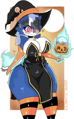anthro armwear big_breasts black_clothing black_dress black_hat black_headwear blue_body blue_fire blue_fur bottomwear breasts candy cleavage clothed clothing colored_fire dessert dress elbow_gloves eyelashes eyewear female fire food fur genitals glans glasses gloves handwear hat headgear headwear holidays jack-o'-lantern loincloth looking_at_viewer moon orange_clothing orange_gloves orange_handwear penis pink_eyes pink_glans round_glasses solo tail thick_thighs white_body white_fur wide_hips witch_hat salchikokokoko halloween nintendo pokemon generation_7_pokemon lycanroc pokemon_(species) hi_res