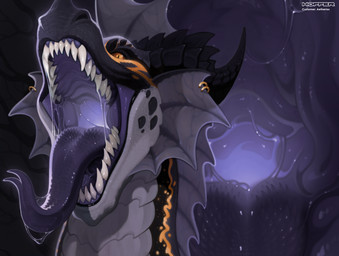 black_body bodily_fluids drooling drooling_tongue ear_piercing ear_ring fangs feral fin fire flippers forked_tongue horn light light_mouth male mouth_shot open_mouth piercing predator/prey purple_body purple_mouth purple_scales purple_tongue ring_piercing saliva scales snout solo spikes teeth throat tongue tongue_out vore yellow_eyes hoffersanchez mythology aetherios dragon mythological_creature mythological_scalie scalie hi_res
