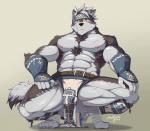 2017 5_fingers 5_toes abs absurd_res accessory anthro balls barely_visible_balls barely_visible_genitalia biceps black_nose blush bottomwear brown_body brown_fur bulge canid canine canis clothed clothing crouching feet fingers front_view fur genitals grey_background headband hi_res horkeu_kamui_(tas) ineffective_clothing kemono lifewonders loincloth male mammal multicolored_body multicolored_fur muscular muscular_anthro muscular_male nipples pecs signature simple_background snowjune solo toes tokyo_afterschool_summoners topless two_tone_body two_tone_fur white_balls white_body white_fur wolf yellow_eyes