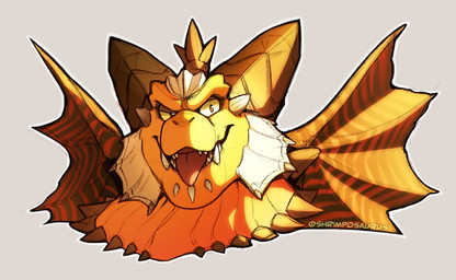 anthro facial_spikes frill_(anatomy) horn male open_mouth orange_body orange_eyes simple_background solo spikes spikes_(anatomy) tongue tongue_out wings shrimposaurus activision mythology spyro_reignited_trilogy spyro_the_dragon magnus_(spyro) rescued_dragons_(spyro) dragon mythological_creature mythological_scalie scalie bust_portrait portrait