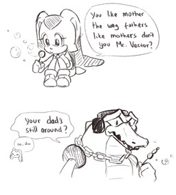 anthro back_spikes blowing_bubbles bubble_wand chain_necklace clothing dialogue dress duo electronics female headphones jewelry male necklace snout speech_bubble spikes spikes_(anatomy) teeth text eruueue sega sonic_the_hedgehog_(series) cream_the_rabbit vector_the_crocodile crocodile crocodilian lagomorph leporid mammal rabbit reptile scalie comic english_text hi_res monochrome