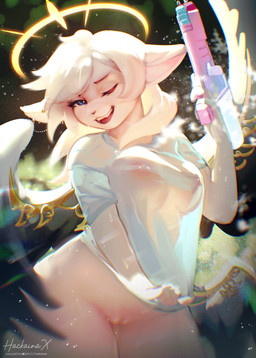 anthro areola bangs big_breasts bottomless bottomwear breasts clothed clothing day ear_piercing eyelashes feathered_wings feathers female fur genitals hair holding_object holding_toy holding_toy_gun holding_water_gun long_hair nipples one_eye_closed open_mouth open_smile outside piercing pink_areola pink_nipples shirt shirt_only smile solo teeth thick_thighs topwear topwear_only toy toy_gun translucent translucent_clothing translucent_shirt translucent_topwear vulva water water_gun wet wet_body wet_fur white_body white_fur white_hair wings hackainax heartwood domestic_cat felid feline felis mammal hi_res