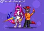 anthro clothing duo female fire fur male male/female melee_weapon simple_background smile sword weapon zanudus stella_(zanudus) zanudus_(character) canid canine canis humanoid mammal wolf