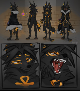 ankh_marking anthro black_body black_fur black_nose clothed clothing ear_piercing fur fur_markings glowing glowing_eyes golden_markings jewelry male markings multiple_angles nude open_mouth piercing solo hyilpi didact_(muttsu_okami) anubian_jackal canid canine canis jackal mammal 2025 hi_res