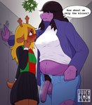 anthro balls belly big_balls big_penis blonde_hair bottomwear breasts brown_body brown_fur brown_hair clothed clothing crossgender deer deltarune dinosaur duo female flaccid foreskin ftg_crossgender fti_crossgender fur genitals gynomorph gynomorph/female hair hair_over_eyes hi_res intersex intersex/female juicydemon mammal medium_breasts musk musk_clouds nipple_outline noelle_holiday open_bottomwear open_clothing open_pants overweight pants partially_clothed penis pubes purple_body reptile scalie size_difference slightly_chubby slightly_chubby_gynomorph slightly_chubby_intersex speech_bubble susie_(deltarune) text unbuttoned undertale_(series)