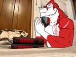 5_fingers bedroom eyes_closed fingers fur humor inside male muscular muscular_male praying red_body red_fur scar simple_coloring smile solo white_body white_fur fafnir_stardust_(artist) third-party_edit berserk_(series) sergal 4:3 digital_drawing_(artwork) digital_media_(artwork) meme