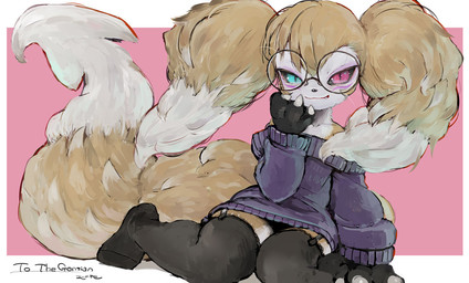 anthro bangs biped clothed clothing cute_fangs dark_sclera dipstick_ears dipstick_tail ear_markings eyewear facial_markings fangs female fluffy forked_tail fully_clothed garter_belt garter_straps glasses hand_on_face head_markings heterochromia legwear markings multicolored_ears off_shoulder purple_clothing purple_sweater purple_topwear shortstack shortstack_female simple_background sitting solo stockings sweater tail tail_markings teeth topwear unusual_anatomy unusual_tail wariza whiskers ebi_momo bandai_namco digimon renimpmon renimpmon_x digimon_(species) hybrid impmon renamon 2022 digital_media_(artwork) digital_painting_(artwork) full-length_portrait painting_(artwork) portrait