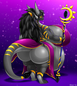 abstract_background anthro belly big_belly big_breasts big_butt black_hair bottomwear bra breasts butt clothing digitigrade female grey_body hair holding_object holding_staff horn huge_belly huge_breasts huge_butt hyper hyper_belly hyper_breasts long_hair looking_at_viewer morbidly_obese multicolored_body obese overweight ponytail purple_clothing rear_view skirt solo staff stripes tail two_tone_body underwear yellow_stripes ahkvenir mythology dragon mythological_creature mythological_scalie scalie full-length_portrait hi_res portrait